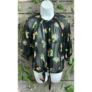 Aqua Black Floral Semi Sheer Blouse Sz XS Button Front 3/4 Sleeve Top Front Tie